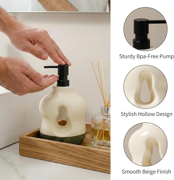 BosilunLife Bathroom Accessories Set of 4 - Beige Bathroom Countet Soap Set Bathroom Decor Bathroom Lotion Soap Dispenser Sets Toothbrush Holder, Soap Dish, Apothecary Jar (Beige with Sage Base)