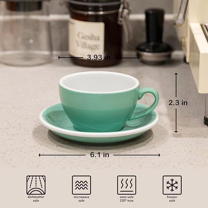 Loveramics Cappuccino Cup with Saucer, 8 oz Ceramic Coffee cup with Round Bottom for Cappuccino, Latte, Tea, Espresso, Thick-walled Stoneware Cup Set for Barista - Regular Colours (Mint, 8OZ)