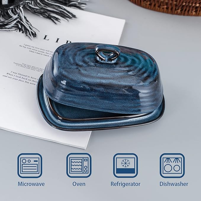 Hasense Butter Dish with Lid, Ceramic Butter Dish with Knife for Countertop with Covered, Large Butter Keeper Handle Design, Blue