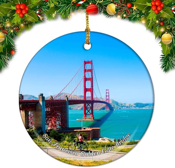 California San Francisco Golden Gate Bridge USA America Christmas Ornaments Ceramic Round Hanging Pendant Xmas Decor City Travel Souvenirs 3" Porcelain Double Sided