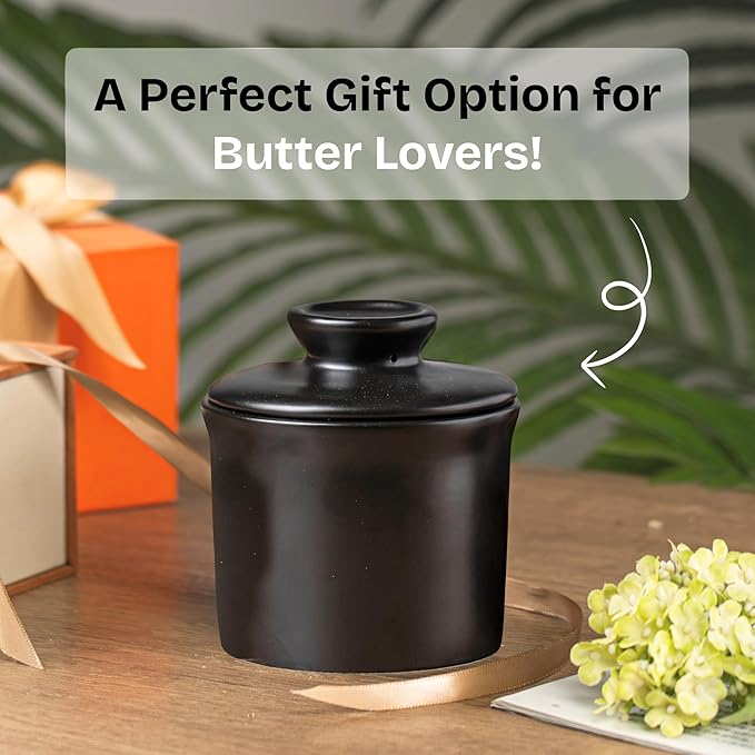 Stoneware Butter Crock with Lid, Ceramic Butter Dish with Water Line, Countertop Butter Keeper, Butter Holder for Countertop, Black