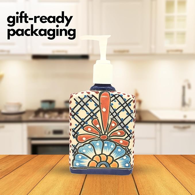 Talavera Ceramic Soap & Lotion Dispenser, for Kitchen or Bathroom Countertops - Pastel Hues Hand Painted Mexican Pottery - Jabonera Pastel