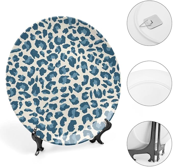 Leopard Animal Print Blue And Beige China Plates of 6", 7", 9", 10", Custom Animals Wildlife with Textures Wall Hanging Decoration, Household Club Decorations Housewarming Gifts, with 1 Display Stand