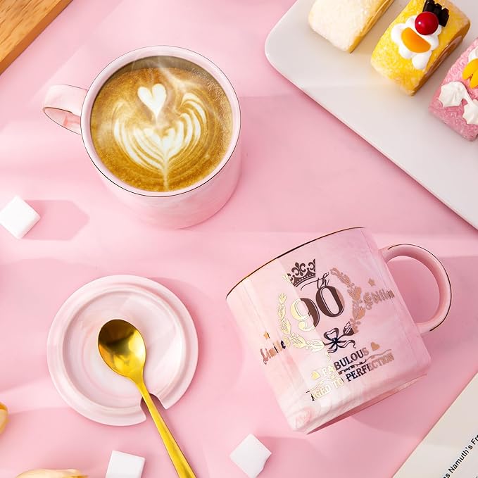 90th Birthday Gifts for Women - Aged to Perfection Coffee Mug - Unique 1935 Birthday Present for Grandma Mom Wife Friend Sister, 14oz Ceramic Coffee Mug Printed Gold with Lid Spoon Card, Nice Gift Box