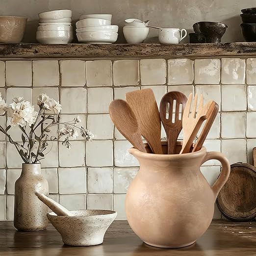 Rustic Kitchen Utensil Holder with Handle,7.48" H Ceramic Vintage Utensil Crock for Countertop, Farmhouse Kitchen Decoration Ceramic Pot for Spatulas Spoons Tongs(Classic,Antique Beige)