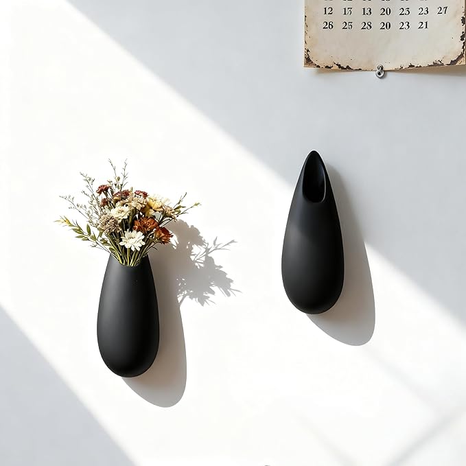 Sculptural Wall Ceramic Vase — 2 Pack Black Hanging Sconce Vase | Turn Flowers into Art — Decorative Ceramic Wall Sconce for Single Stem Displays