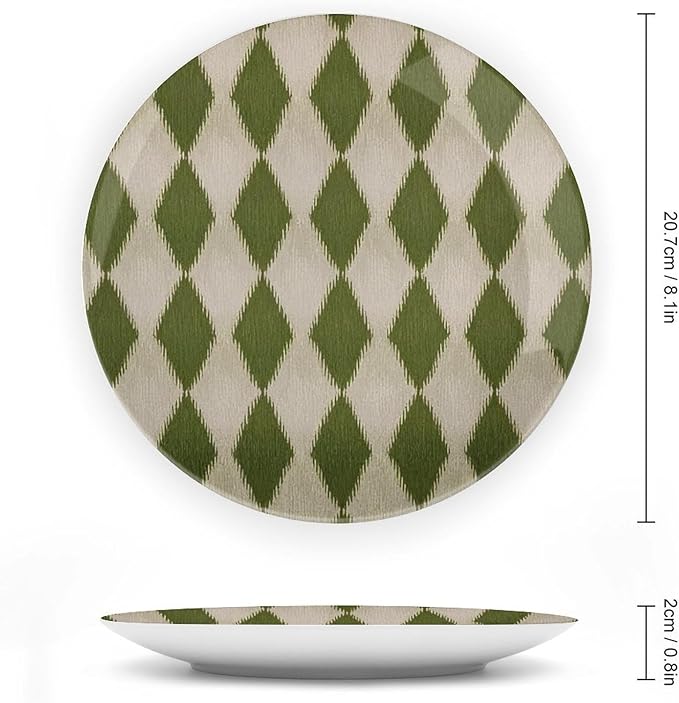 Custom Gifts Ceramic Decorative Plate, Geometric Ikat in Forest Green Wall Hanging Decorative Plate Wedding Unique Art with Stand, Country Decor for Kitchen Housewarming Gifts Wall, 6", 7", 8", 10"
