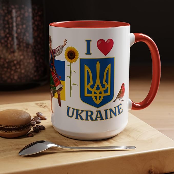 I Love Ukraine 15 oz Coffee Mug - Gift - Christmas Birthdays Gift; Tea Cup (Red Handle)