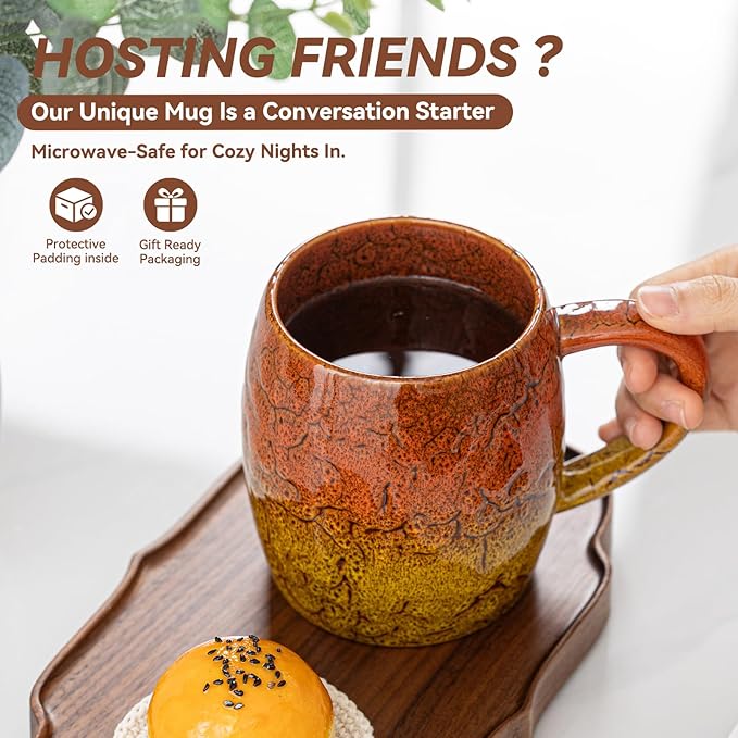 22oz Ergonomic Ceramic Mug with Unique Orange & Yellow Glaze – Microwave & Dishwasher Safe, Ideal Gift for Coffee Lovers, Unique Ceramic Coffee Cup for Yourself or Friends