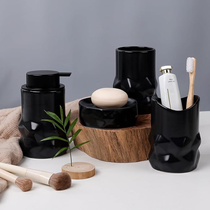 BosilunLife Modern Ceramic Bathroom Accessories Set, Bathroom Counter Set Matte Black Bathroom Decor Sets Accessories Bathroom Foam Soap Dispenser, Toothbrush Holder Set, Soap Dish, Apothecary Jars