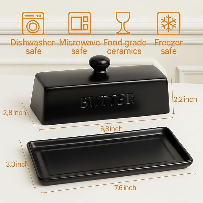 WERTIOO Butter Dish with Lid, Ceramic Butter Dish with Lid for Countertop for 1 Stick. Textured Tray with Stainless Steel 3 in 1 Butter Spreader, Microwave and Dishwasher Safe, Black
