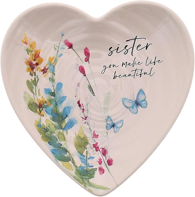 Pavilion Gift Company - Sister - Ceramic Heart-Shaped Keepsake Dish, Watercolor Floral Design, Unique Gifts for A Sister, Trinket Dish, Ring Holder, Jewelry Dish, 1 Count, 4.5 inches
