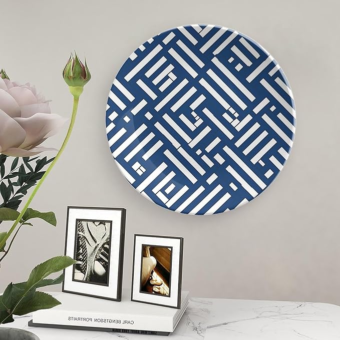 Lacefield Trellis Print Geometric Blue Ceramic Decorative Plate, Bone China Decorative Plate for Club Household Festival Decor, Unique Art with Stand Art Decorations for Display Housewarming Gifts
