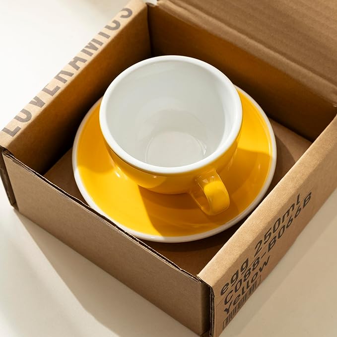 Loveramics Cappuccino Cup with Saucer, 8 oz Ceramic Coffee cup with Round Bottom for Cappuccino, Latte, Tea, Espresso, Thick-walled Stoneware Cup Set for Barista - Regular Colours (Yellow, 8OZ)