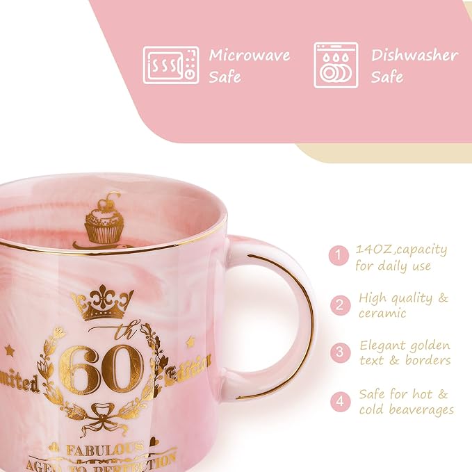 60th Birthday Gifts for Women - Fabulous 1966 Aged to Perfection Happy Birthday Mug - Limited Edition 60th Pink Coffee Mug Printed with Gold, Gift Idea for Turning 60 Years Old Women, Gift Boxed