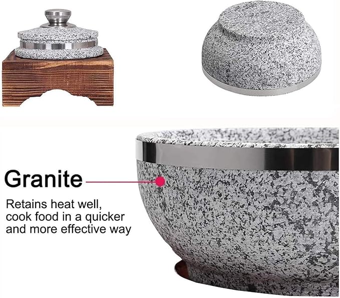 Korean Granite Stone Bowl with Lid,Heavy-Duty Granite Stone Bowl with Wood Base, Rice Cooker,Ceramic Pot Casserole,Clay Pot for Korean Cuisine Stone Diameter 14cm