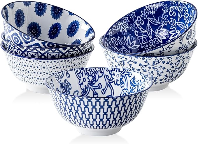 Ceramic Soup Bowls Set - 24 Oz Porcelain Deep Cereal Bowl - 6 Inch Large Dinner Bowl Kitchen Eating Pasta Salad Rice Oatmeal Noodle Snack - Microwave Dishwasher Safe - Set of 6 - Vintage Blue