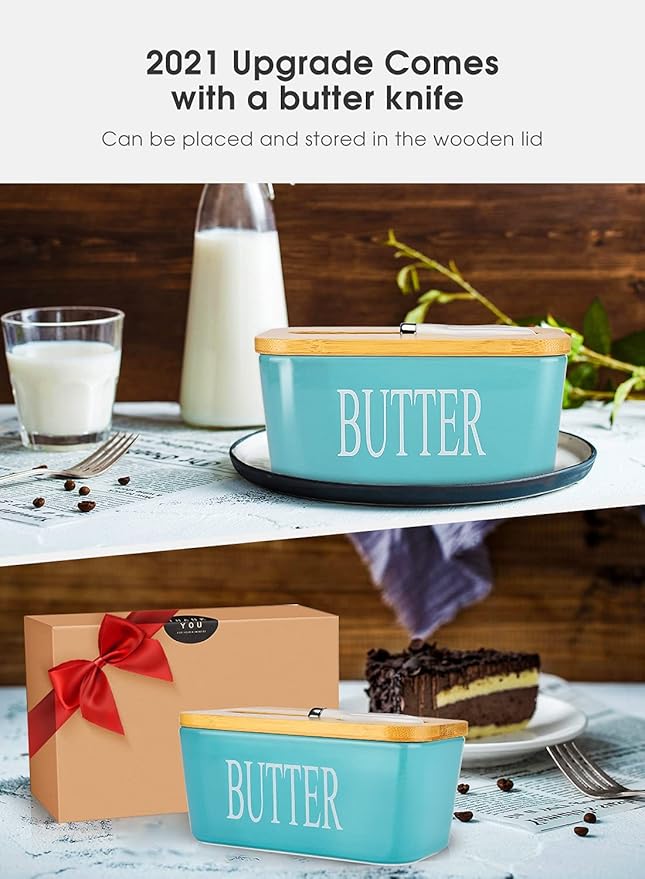 Butter Dish with Lid, Home Decor, Large Butter Dish for Countertop Ceramic Butter Keeper Container with Knife and High Quality Silicone Sealing Butter Box Good Kitchen Gift Turquoise