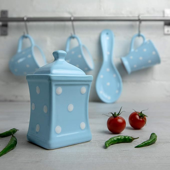 City to Cottage Handmade Small 5.3oz/150ml Ceramic Kitchen Herb, Spice, Storage Jar with Lid, Pottery Canister, Housewarming Gift (Baby Blue Polka Dot)
