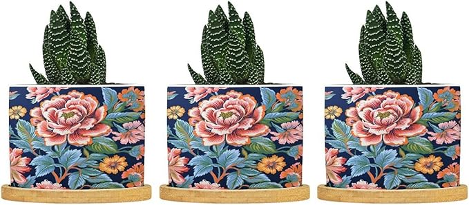 Bright and Chinoiserie Ceramic Planter Coral Peony Floral Snake Plant Live Indoor with Pot with Drainage Holes and Saucers Pot for Succulents Cactus Garden Windowsill