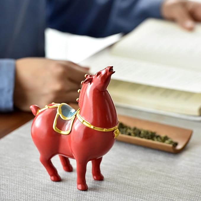 Horse Statue, Ceramic Tang Horse Feng Shui Figurine for Success, Creative Red Horse Sculpture Crafts for Home Office Decor, 5.9" H