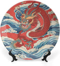 Vintage Plates Red Dragon Chinoiserie Asian Inspired Personalized Decor for Display Home Art Decoration Club Hanging Decorative Tiles with Vertical Stand, Multi Sizes by Choosing, Gifts for Men Women