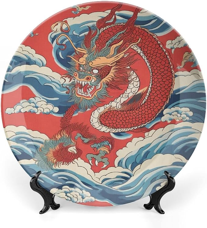 Vintage Plates Red Dragon Chinoiserie Asian Inspired Personalized Decor for Display Home Art Decoration Club Hanging Decorative Tiles with Vertical Stand, Multi Sizes by Choosing, Gifts for Men Women