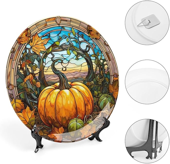 Decorative Plates, Fall Maple & Pumpkin Stained Glass Design Ceramic Dinner Plate Home Wobble-Plate with Display Stand, Wall Hanging Decor for Kitchen Household 10 Inch, Gifts for Thanksgiving