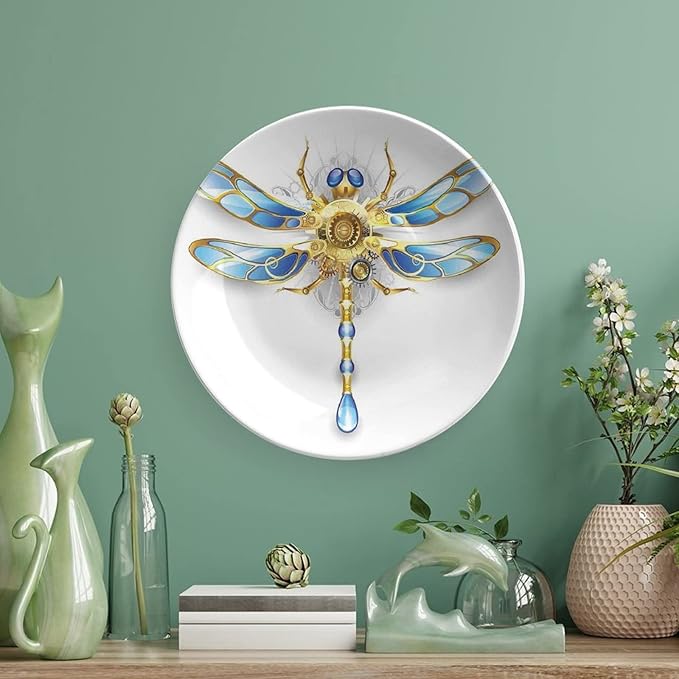 XISUNYA 7 Inch Decorative Plate, Dragonfly Ceramic Plate, Close Up View of Mechanical Dragonfly with Multifaceted Eyes Print Ceramic Wall Hanging for Home & Office Wall Hanging Decor