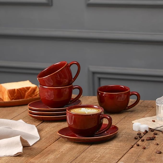 vicrays 6.5 oz Cappuccino Cups with Saucers, Set of 4, Ceramic Coffee Cup for Au Lait, Double shot, Latte, Cafe Mocha, Tea (Cherry Red)