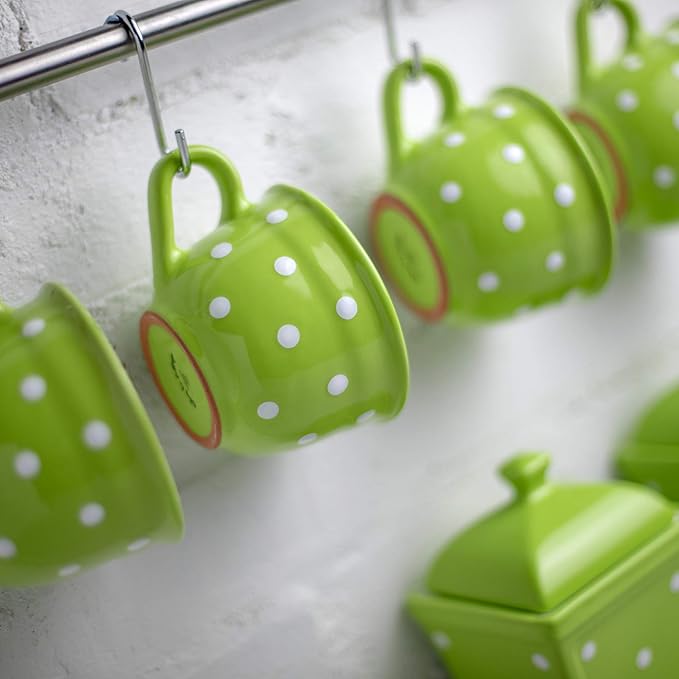 City to Cottage Handmade Lime Green and White Polka Dot Large Ceramic 12oz/350ml Cappuccino Coffee Tea Cup and Saucer, Unique Designer Pottery for Tea Lovers
