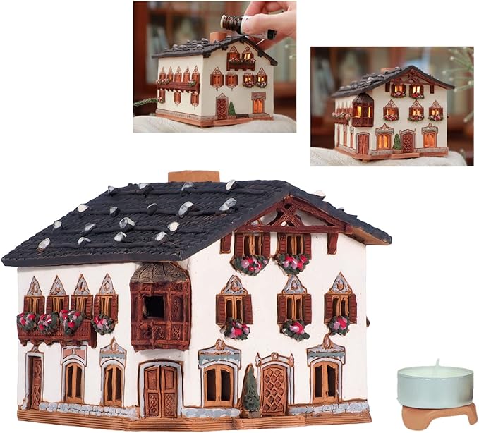 Ceramic Houses and Villages Collection - Tealight Candle Holder Ceramic Art Handmade Collectible Miniature Light House in Garmischpartenkirchen, Bavaria, Germany B265AR*