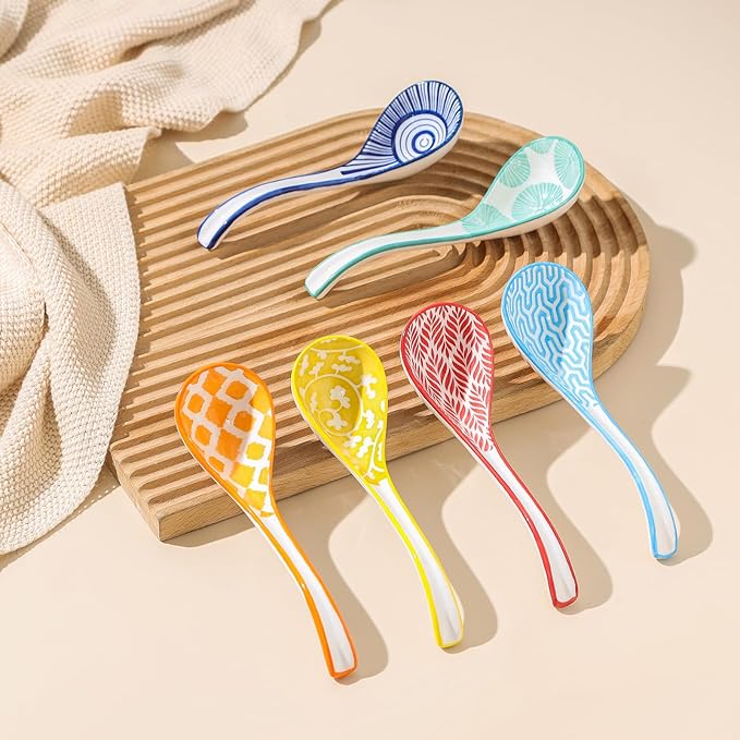 Selamica Asian Ceramic Soup Spoon Set of 6, 6.3 Inch Ramen Spoons, Japanese and Chinese Styles, Assorted Colors
