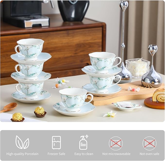 Porcelain Tea Cup and Saucer Set of 6 (12-Piece) – Ceramic 6oz Embossed Floral Cups with Gold Trim, Elegant Set for Afternoon Tea & Gifting
