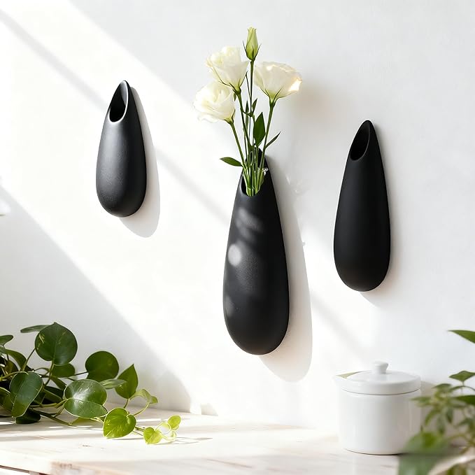 Sculptural Wall Ceramic Vase — 3 Pack Black Hanging Sconce Vase | Turn Flowers into Art — Decorative Ceramic Wall Sconce for Single Stem Displays