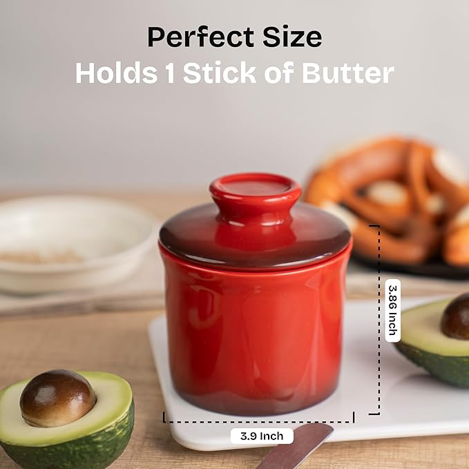 Stoneware Butter Crock with Lid, Ceramic Butter Dish with Water Line, Countertop Butter Keeper, Butter Holder for Countertop, Red Gradient