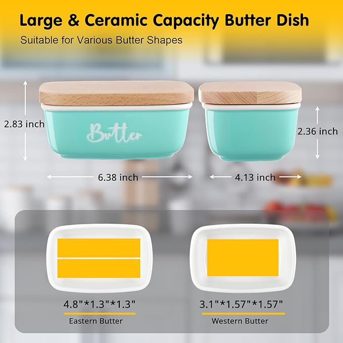 ALELION Turquoise Ceramic Butter Dish with Lid - Turquoise Kitchen Decor & Teal Kitchen Accessories for Countertop - Butter Keeper Container with Thick Beech Wood Lid - Cute Modern Farmhouse Decor