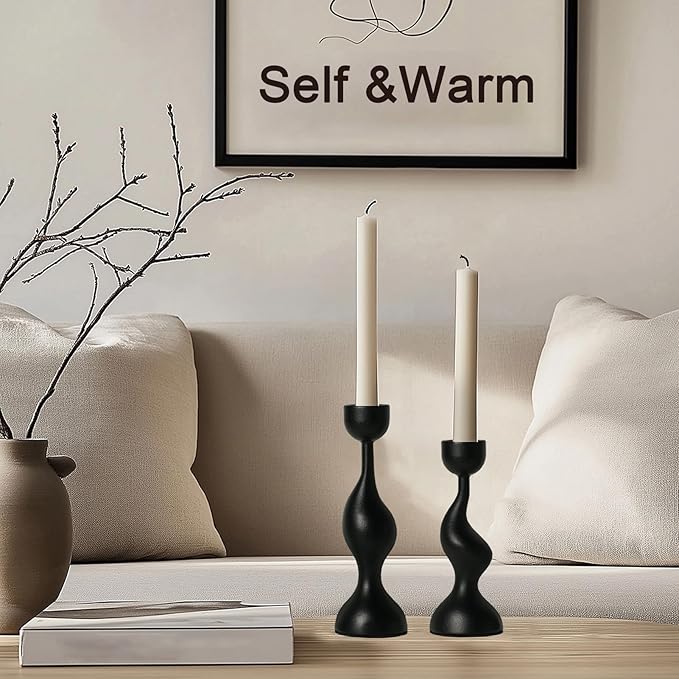 Smtyle Modern Sculptural Black Candle Stick Holders Cast-Aluminum Taper Set of 2 (7″ & 8″) Dual-Height Candlesticks for Dining Table Wedding or Home Decor