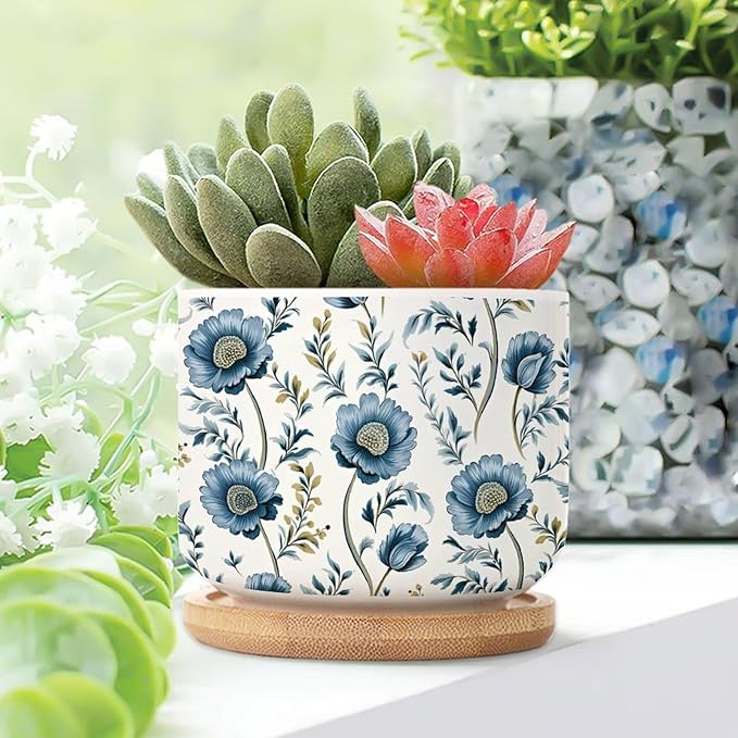 Mughal Flower Ceramics Planter Set of 2 Chinoiserie Blue Floral Cactus Pot for Indoor with Drainage Holes Oriental Chinoiserie Small Succulents Plant Pot Birthday Gift for Mom Women