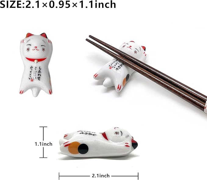 Wooden Chopsticks Reusable 5 Pairs Gift Set with 5pcs porcelain rest Lucky Cat Design Hand-Made 8.8 Inch/22.5cm