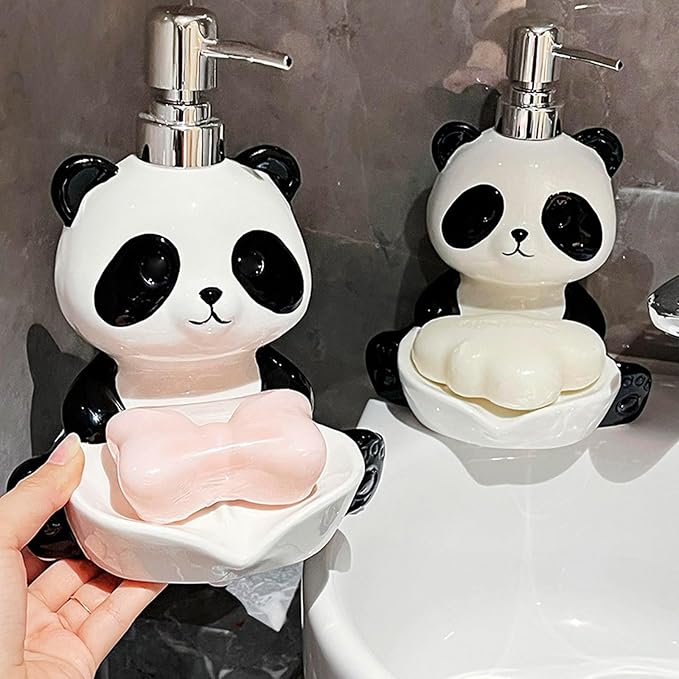 Ceramic Soap Dispenser 12 Oz Cute Panda Shape Lotion Hand Pump Dispensers with Soap Holder for Bathroom Kitchen