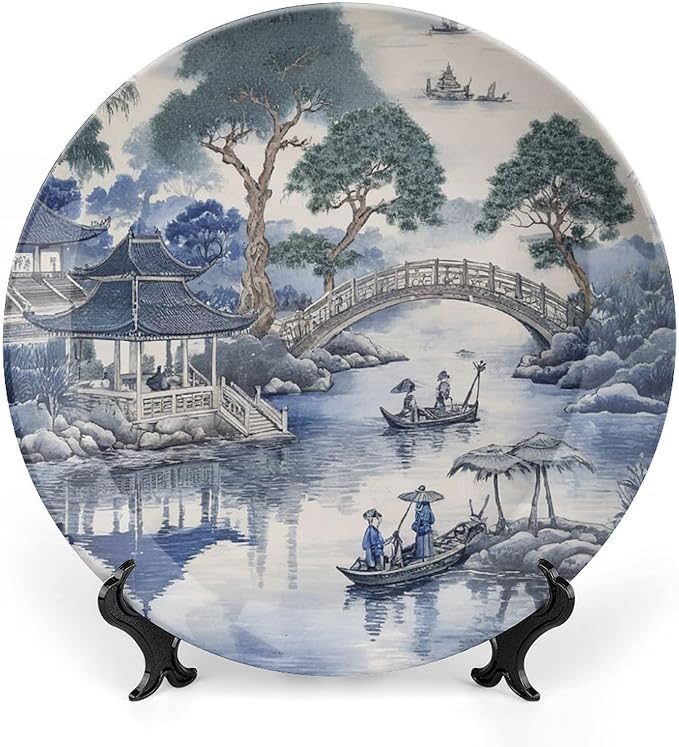 Asian Scenic in Blue And Kelly Green Chinoiserie Ceramic Decorative Plate of 6", 7", 9", 10", Personalized Ceramic Display Plate, Wall Housewarming Gifts Decorations Wedding, with Vertical Stand