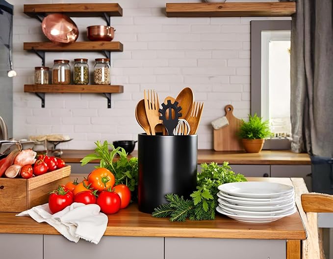 Kitchen Utensil Holder, Large Utensil Holders for Countertop,Ceramic Utensil Crock, Deep and Stable, Cooking Utensil Holder, Embossed Pattern (Black) 6.3''*5.3‘’