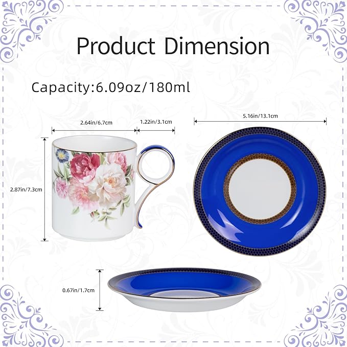 KAMMAK Tea Cups and Saucers Set of 2, Fine Bone China Coffee Cups, Stackable Espresso Mugs, Ceramic Demitasse for Coffee, Cappuccino, Latte, Americano, Tea, Blue