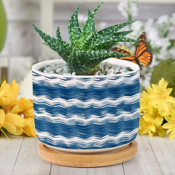 DreamAutumn Ikat Style Zag Pattern Blue Ceramic Pots for Plants with Drainage Holes Round Flower Pot Bamboo Tray Orchid Pot Succulents Pots for Outdoor Indoor Plants,Housewarming Gifts