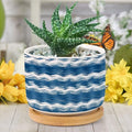 DreamAutumn Ikat Style Zag Pattern Blue Ceramic Pots for Plants with Drainage Holes Round Flower Pot Bamboo Tray Orchid Pot Succulents Pots for Outdoor Indoor Plants,Housewarming Gifts