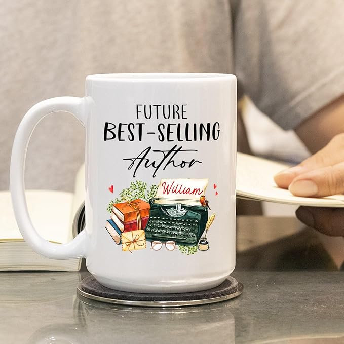 Future Best Author White Coffee Mug 11 Oz 15 Oz, Personalized Selling Author Writer Ceramic Coffee Cup Gifts For Birthday Anniversary, Custom Name Best Future Author Teacup, Typewriter Mug Cup Gift