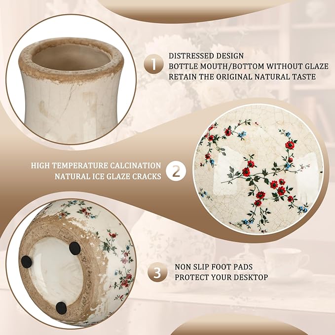 LemonRoad Vintage Ceramic Flower Vase 5.7 Inch Chinoiserie Ice Cracked Glaze Porcelain Vase Rustic Ceramic Large Centerpieces for Home Table Living Room Bookshelf Office(Rose Style)
