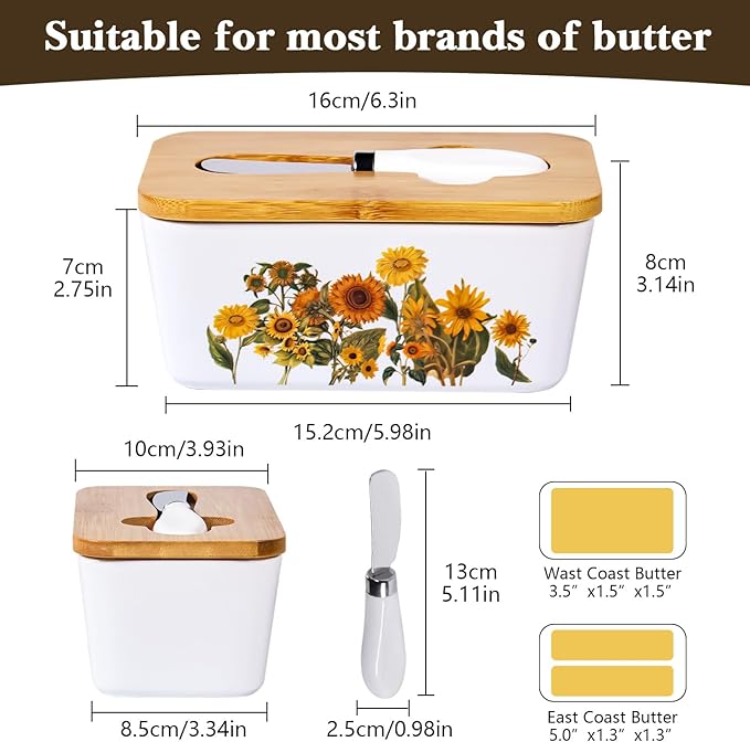 Sunflower Butter Dish with Lid,Large Butter Crock Keeper Saver,Ceramic Butter Container for Countertop with Highly Sealed Silicone Thick Wooden Lid for Kitchen Farmhouse Decor (White, Sunflower)