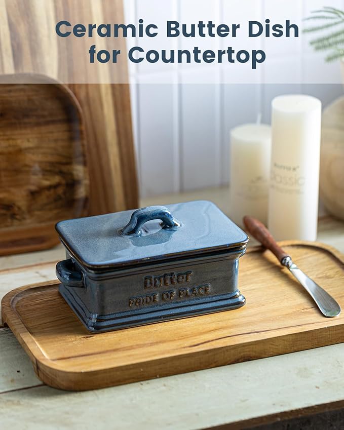 Butter Dish with Lid, Porcelain Butter Dish for Countertop Large Butter Keeper Butter Holder Container for East West Coast Butter, Farmhouse Decor for Mother's Day, Blue